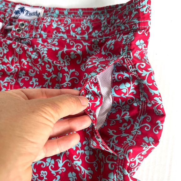 Trunks Surf n Swim Red Turquoise Lace Up Pockets Summer Pants Shorts Size L - Picture 2 of 11